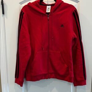 Adidas women’s hoodie jacket full zip red with black stripes and logo